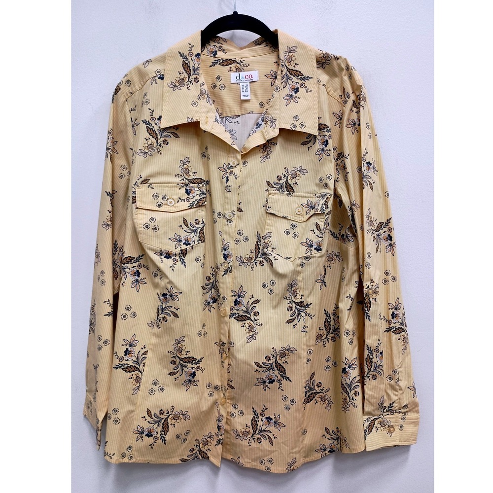 Denim & Co Button Down Shirt Womens 1X Yellow Floral Long Sleeve Cottage Utility